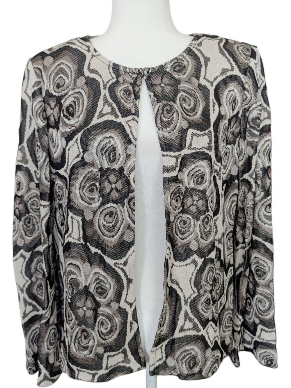 St. John Womens Black Cream Neutral Floral Print Knit Cardigan Sweater Size 12